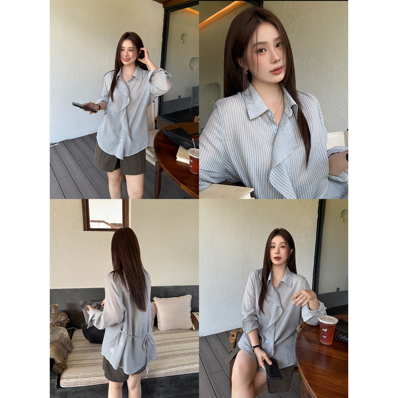 Dawanjiang Plus-Size Women's Clothing for Slightly Chubby Girls, Korean-Style Irregular Ruffle Shirt, Super Stylish Striped Top