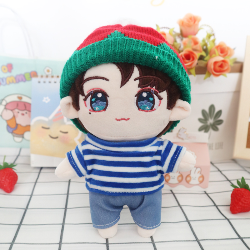 Watermelon HAT + Blue Striped Clothes + Blue Pantsgoods in stock Zhang zhehan Gong Jun doll 20 centimeter cotton bjd  Star Doll Human form doll clothes girl student gift