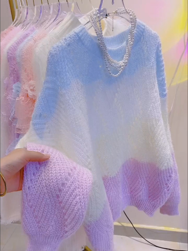 Lazy Style Colorful Hollow-Out Knit Top for Women, New Autumn Collection, Gentle and Sweet Color-Blocked Round Neck Long-Sleeve Pullover Sweater