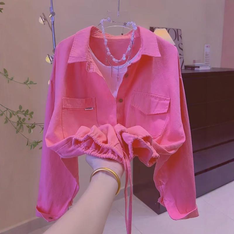 Polo Collar Long-Sleeved Watermelon Red Denim Shirt Jacket for Women, Spring and Autumn 2026 New Style, Short Sun-Protective Top for Petite Women