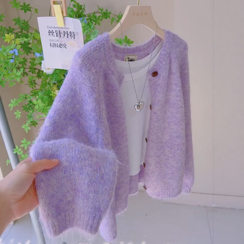Atmospheric Purple Round-Neck Long-Sleeved Single-Breasted Knitted Cardigan for Women in Autumn and Winter, Soft and Lazy Loose Sweater Jacket