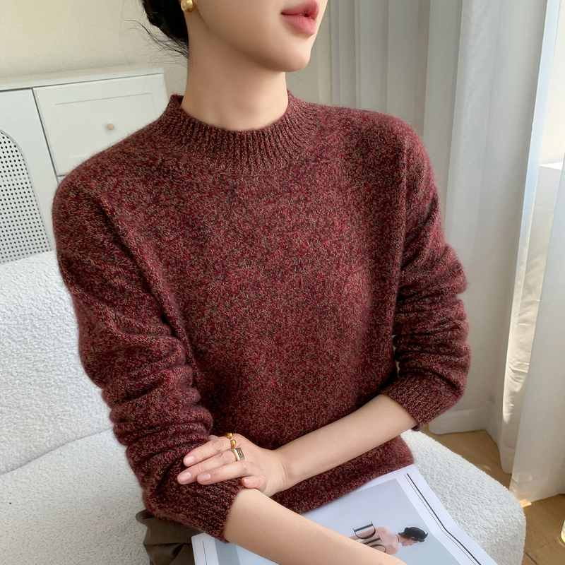 Simple and Stylish Casual Half-Turtleneck Seven-Gauge Heavyweight Thick Floral Yarn Cashmere Sweater for Women, Loose and Warm Knitted Sweater