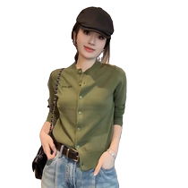 Green Knitted Cardigan Autumn Womens Clothing 2024 New Slim Fit Bottoming Shirt Short Sweater Top