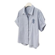 Striped blue embroidered right shoulder short-sleeved shirt for women early autumn copper sulfate wear polo shirt casual loose top