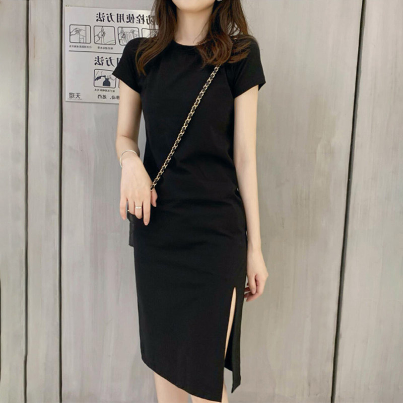 Slit little black dress female summer Korean retro simple t-shirt skirt slim and slim mid-length a-line short-sleeved dress