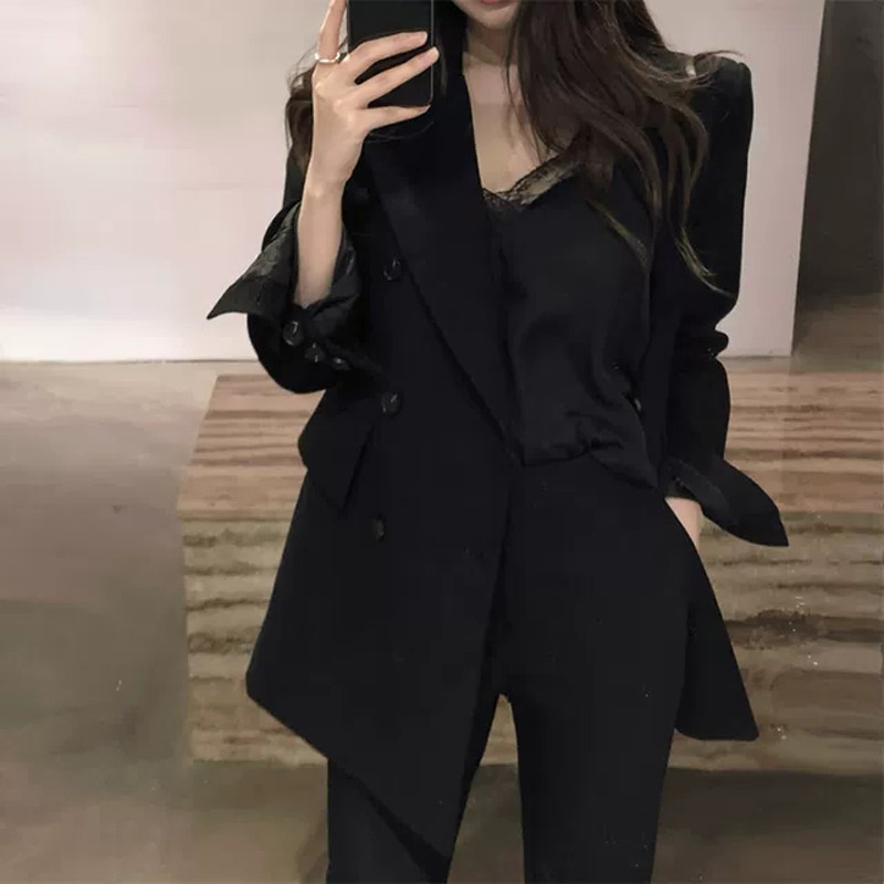 Small suit jacket women's mid-length autumn and winter Korean version retro temperament double-breasted button slim fit black suit jacket