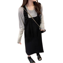 Black long-sleeved dress for women autumn National Day travel wear plus size loose suspender skirt for fat mm two-piece suit