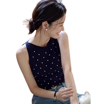 Navy blue polka-dot knitted camisole womens summer outer wear French retro slim design sleeveless top