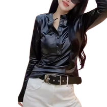 Black PU leather long-sleeved T-shirt for women 2024 autumn and winter new European design slim slim leather bottoming shirt trendy