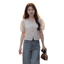 New Chinese style puff sleeve shirt for women 2024 new summer thin national style button embroidered short lace shirt