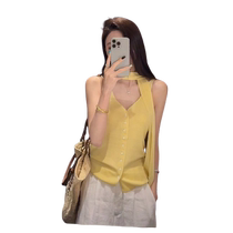 Yellow V-neck knitted camisole womens summer outer wear dopamine slim fit unique chic ribbon sleeveless top