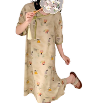 New Chinese style national style nightgown for women to wear in summer loose and lazy style unique and super beautiful mid-length pajamas home clothes