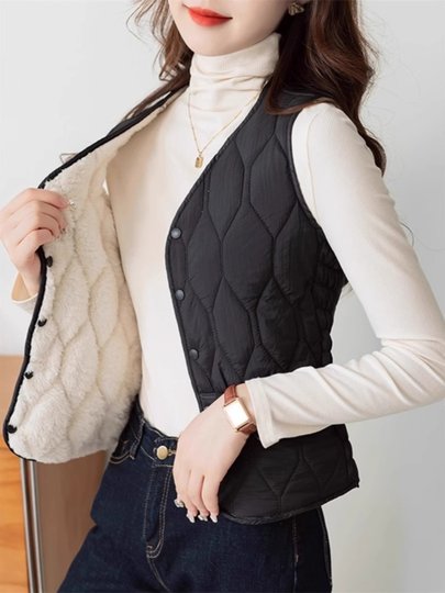 White Cotton Vest for Women, Autumn and Winter, Short Style, Integrated Fleece, Thickened for Warmth, Sandwich Style, Fleece-Lined V-Neck Vest