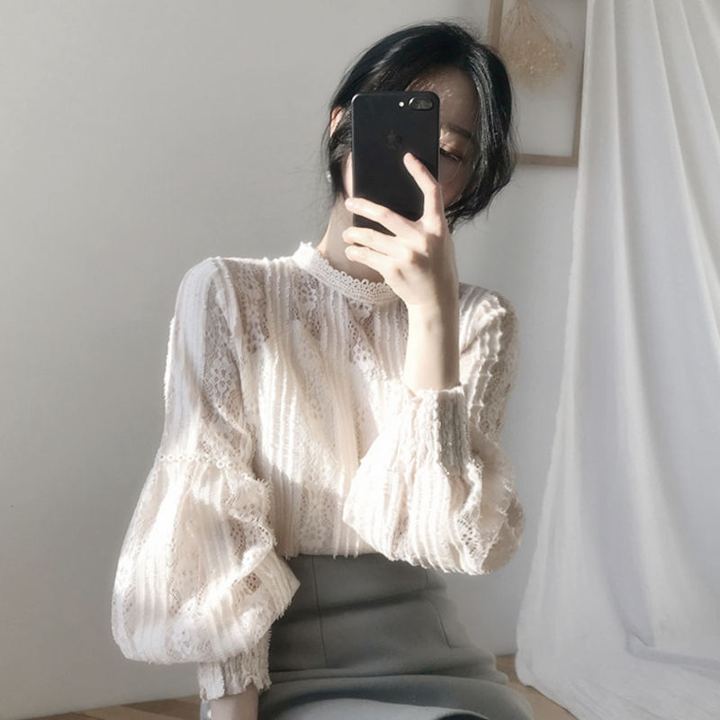 Lace Xiaojersey Women in spring South Korea Retro Long sleeves T-shirt Loose Display Slim Cover Hollowed-out Mesh Yarn Shirt Blouses