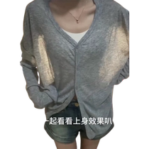 Large size gray sun protection knitted cardigan for women summer thin loose outer wear medium long slit blouse for fat mm