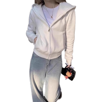 White short sweatshirt jacket womens 2024 new early autumn back to school wear loose sports hooded cardigan top