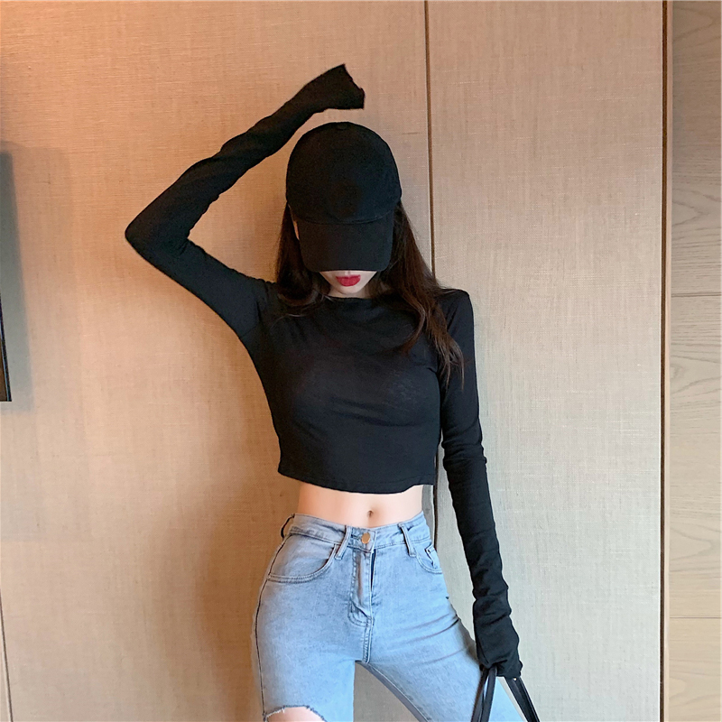 Black tight-fitting long-sleeved top women's autumn and winter retro high-waisted navel short t-shirt sexy slim bottoming shirt