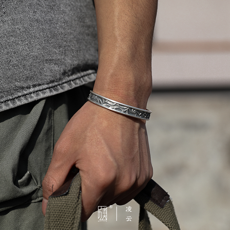 Original Design Ethnic Style Embossed Floral Bracelet for Men, 999 Pure Silver Versatile Open-Ended Silver Bangle