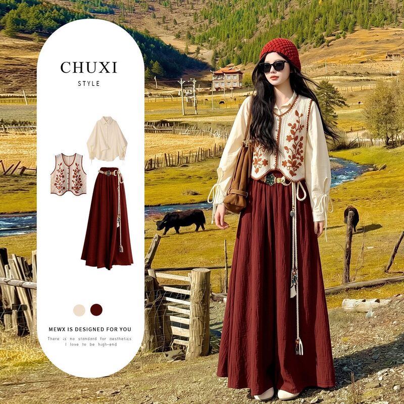 Xinjiang Travel Autumn Outfit Red Dress for Women 2026 Super Trendy Autumn Wear Very Beautiful Ethnic Style Cinched Waist Dress Xinjiang Travel Autumn Outfit Red Dress for Women 2026 Super Trendy Autumn Wear Very Beautiful Ethnic Style Cinched Waist Dress