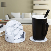 Nordic light luxury marble pattern round coaster set creative desktop double-sided leather coffee cup anti-scalding mat