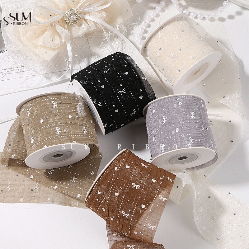 Love Heart Butterfly Print Hot-Drilled Rhinestone Tulle Ribbon Gift Wrapping DIY Decoration Jump Wire Jump Point Hair Accessory Bow Ribbon