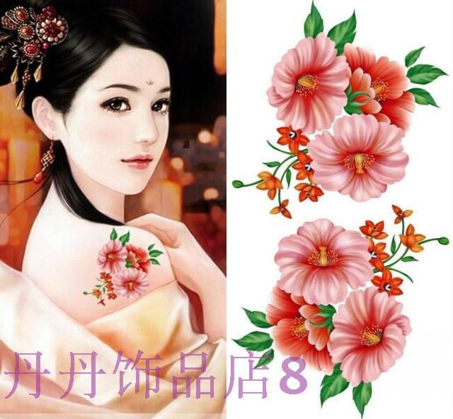 Nữ Nhãn dán hình xăm không thấm nước Hoa đỏ Trang phục chụp hình xăm Cơ thể Hàn Quốc Nhãn dán hình xăm giả lâu phai