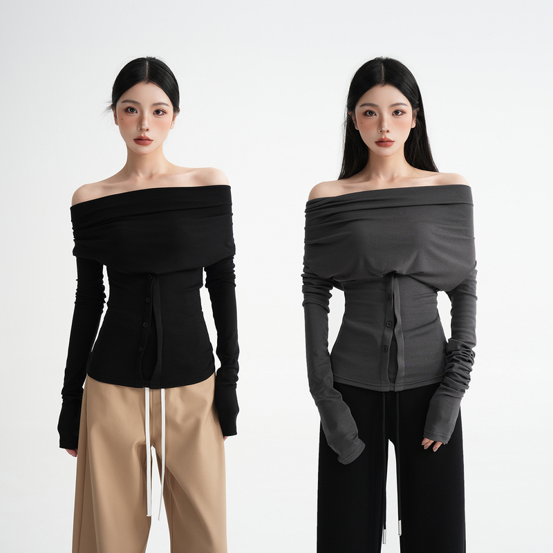 Lengyu Elegant Wool Lyocell Comfortable Stacked Collar Slim-Fit Long-Sleeve T-Shirt Off-Shoulder Spring New Women's Clothing