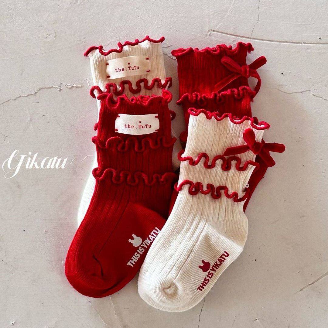 Girls' Autumn and Winter Socks, Mid-Calf Children's Socks, New Year Red Lace Bow Princess Stylish Girl Baby Lace Socks
