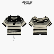 Yama Story Strip knitted shirt appears thin new Han Edition design feels black short sleeve tops