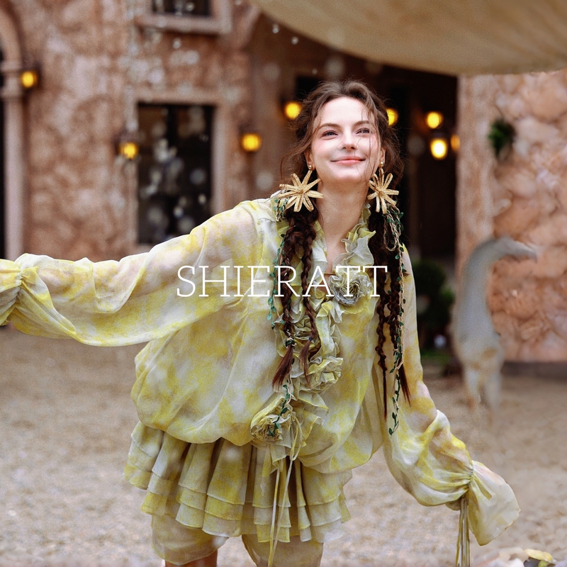 Shieratt【Spring】Artistic Print Two-Piece Set for Women, Fairy-Like Handmade Floral Yellow Lace-Up Dress
