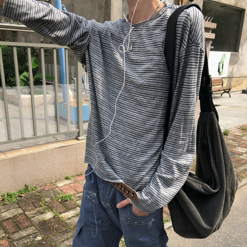 Bufanstudio Casual Rolled Hem Design Long-Sleeve Crew Neck T-Shirt Striped Lazy Early Autumn High-End Blouse for Men and Women Bufanstudio Casual Rolled Hem Design Long-Sleeve Crew Neck T-Shirt Striped Lazy Early Autumn High-End Blouse for Men and Women