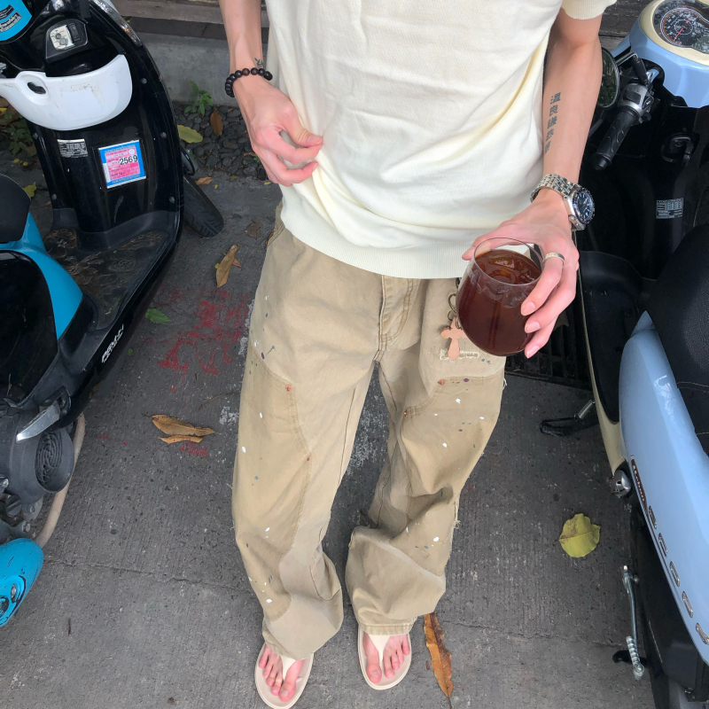 Bufanstudio Splatter Ink Patchwork Double-Knee Work Pants Distressed Heavy-Duty Khaki Workwear Straight-Leg Casual American Style