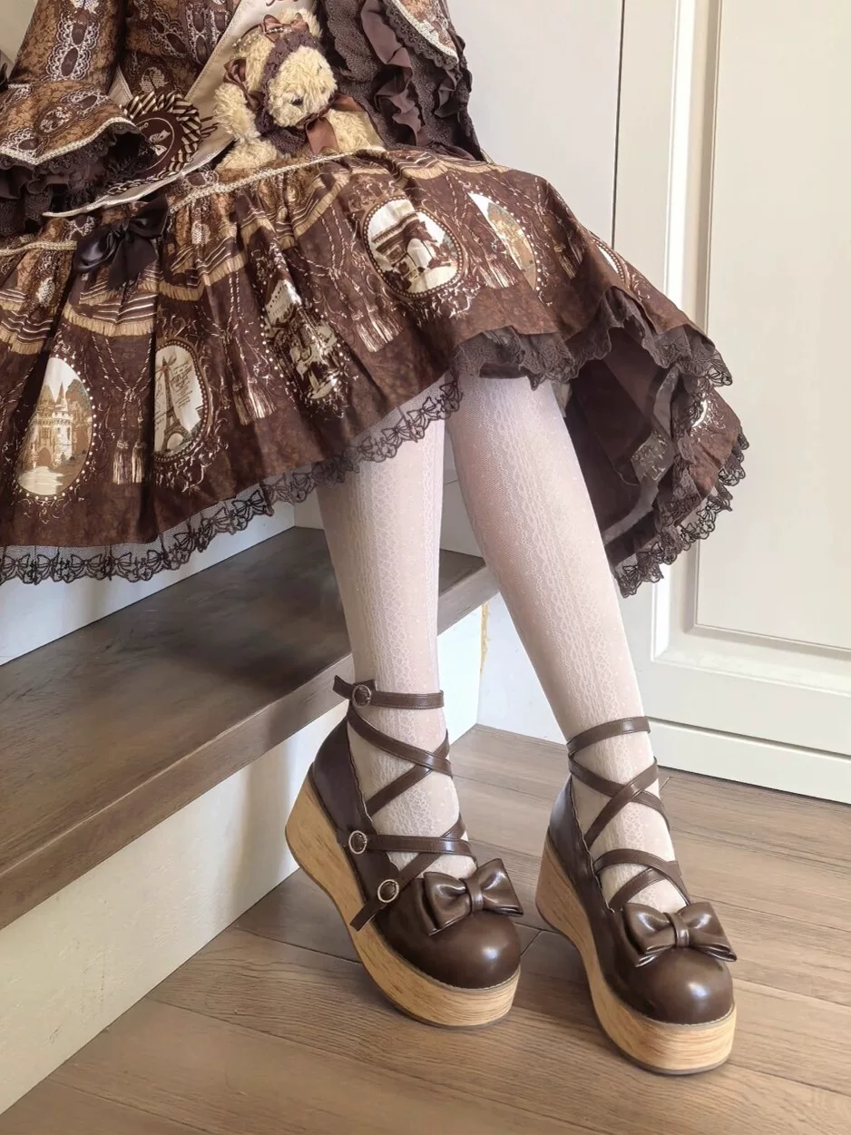 Готовый запасКоричневая платформа платформа башняОригинальные помпоны Lolita круглый носок толстой подошвой ботинки на платформе