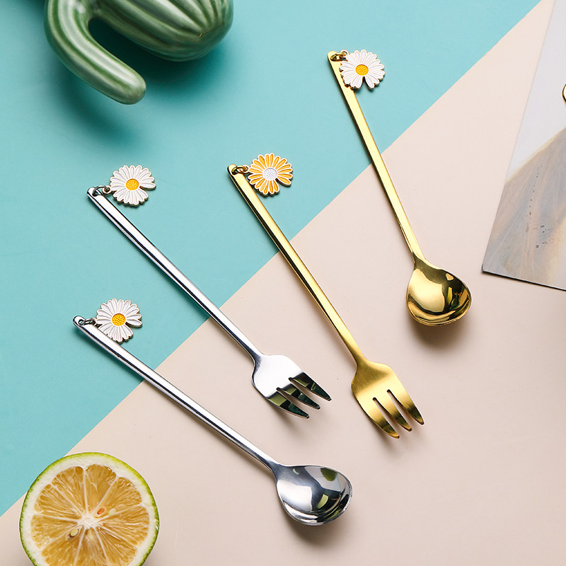 ten Cebu Home Home Creative Cute Daisy Sweet Spoons Coffee Stir Stainless Steel Small Spoon Sweet Fruit Fork