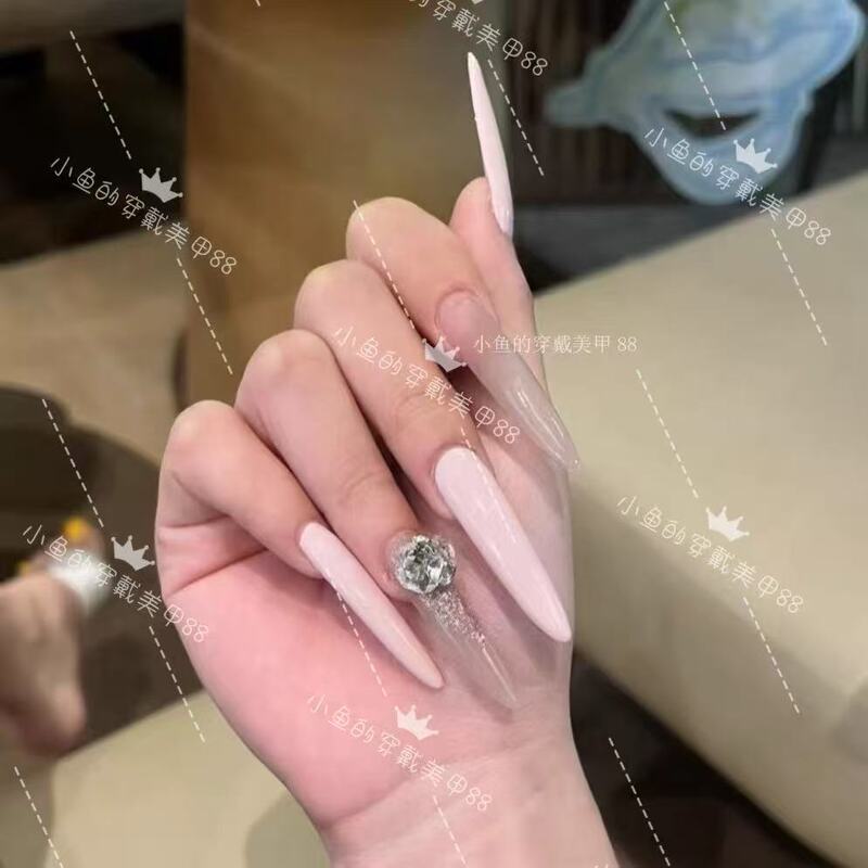 【Nais Nail Art】* | Purely Handmade Personalized Wearable Nails | *Pink Extra-Long Diamond Jewelry Wearable Nail Art