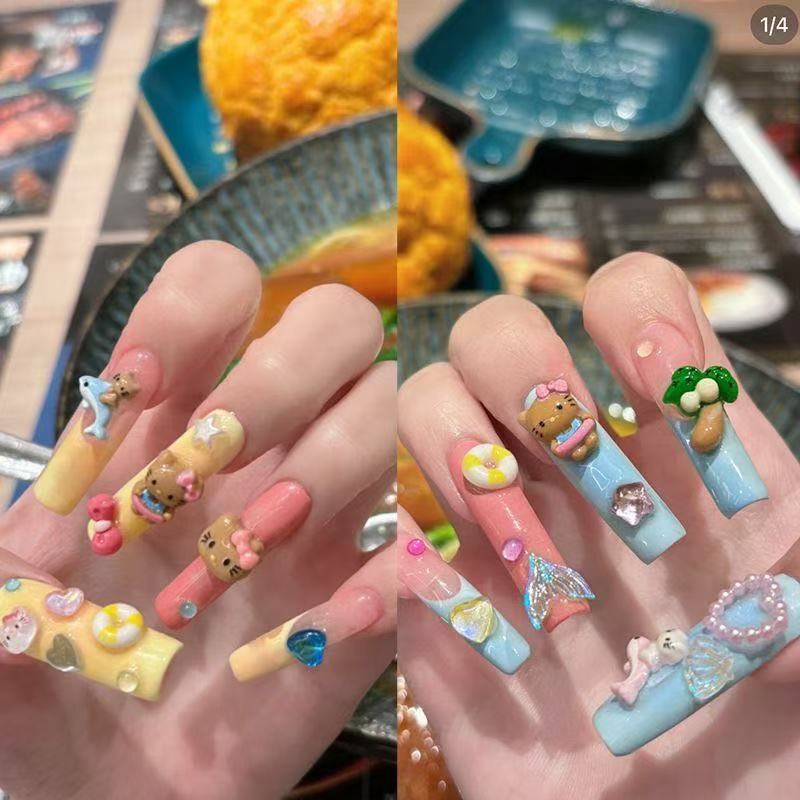 Trendy European and American Long Black Leather Kt Cat Cartoon Butterfly Heart Wearable Nail Art, Unique and Cool Y2K Handmade Nail Art