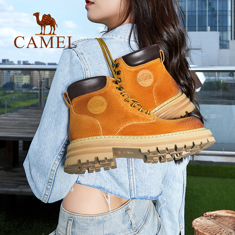 Camel Yellow Boots Women's Shoes Autumn and Winter Pink Genuine Leather Camel Martin Boots Outdoor Hiking Work Boots