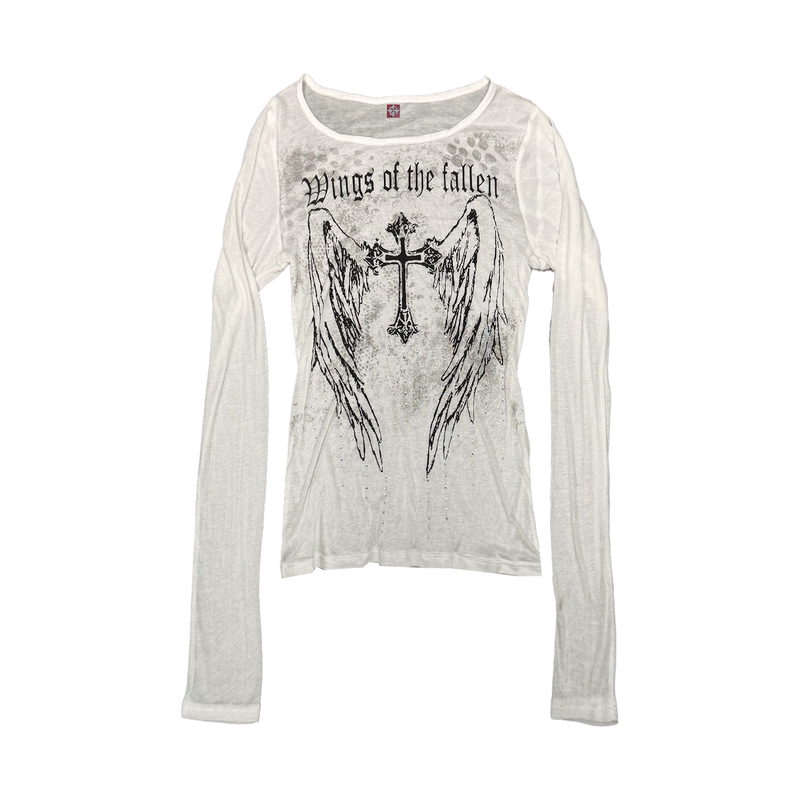 Detw "Cross Angel" Indian Cotton Gothic Slogan All-Over Printed Rhinestone U-Neck Base Shirt with Regular Shoulders and Long Sleeves T-Shirt for Women Detw "Cross Angel" Indian Cotton Gothic Slogan All-Over Printed Rhinestone U-Neck Base Shirt with Regular Shoulders and Long Sleeves T-Shirt for Women