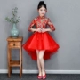 Váy bé gái màu đỏ Váy trẻ em Trung Quốc Váy hoa cô gái guzheng trang phục đứng cổ áo Quần áo năm mới ngắn trước mùa đông dài thời trang thiếu nhi