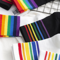 Rainbow socks female ins tide stockings spring and autumn Joker Street student sports Korean version of college style thin straight tube