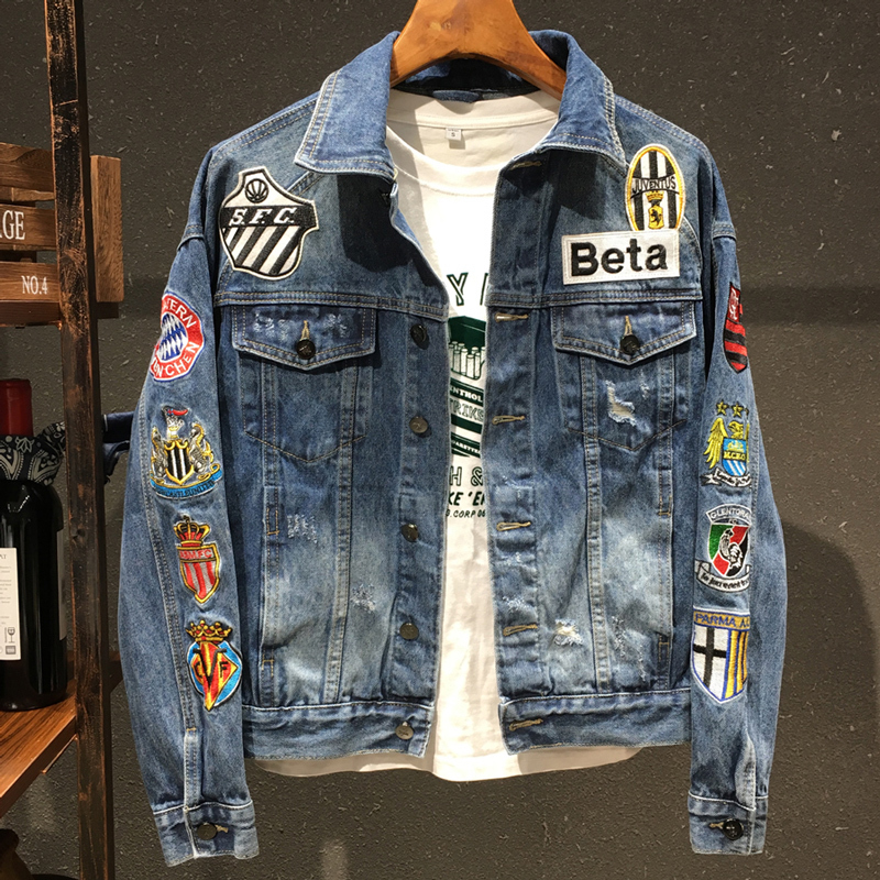 Autumn Embroidered Denim Jacket for Men, Trendy and Stylish, Youth Street Style, Hong Kong Style Jacket, Slim Fit, Badge, Ripped Denim Jacket