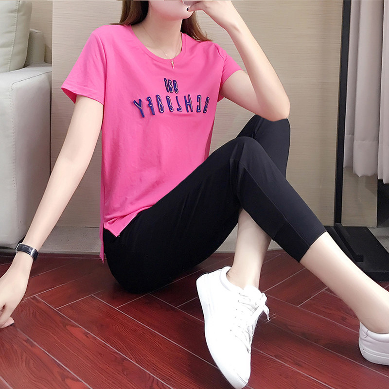 Fashion casual sports suit female summer new cotton linen Korean version nine-point pants short-sleeved T-shirt loose two-piece tide brand