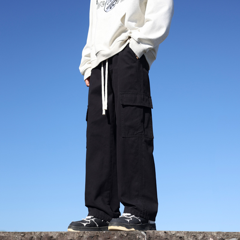 Men's New Loose Straight-Leg Cargo Pants, Casual Pants, Pure Cotton Black Sports Trousers