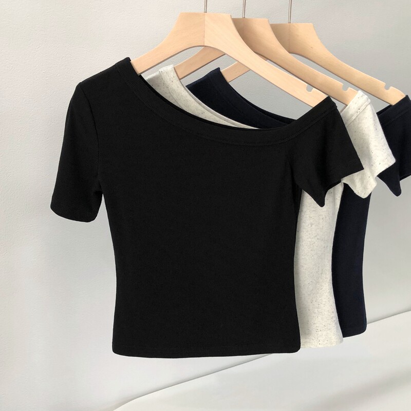 Asymmetrical Shoulder Short-Sleeve T-Shirt for Women, 2026 Summer New Style, High-End Knitted Off-Shoulder Slim-Fit Short Top Asymmetrical Shoulder Short-Sleeve T-Shirt for Women, 2026 Summer New Style, High-End Knitted Off-Shoulder Slim-Fit Short Top