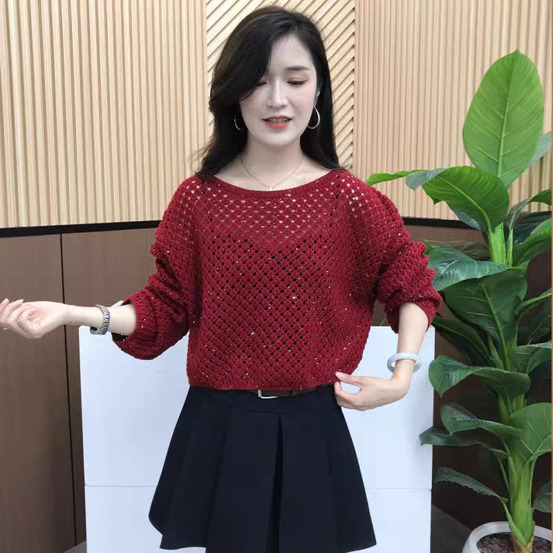 Sequined Hollow-Out Short Knit Sweater for Women, 2026 Early Autumn New Style, Lazy Style, Loose Fit, Youthful Round-Neck Sweater Sequined Hollow-Out Short Knit Sweater for Women, 2026 Early Autumn New Style, Lazy Style, Loose Fit, Youthful Round-Neck Sweater