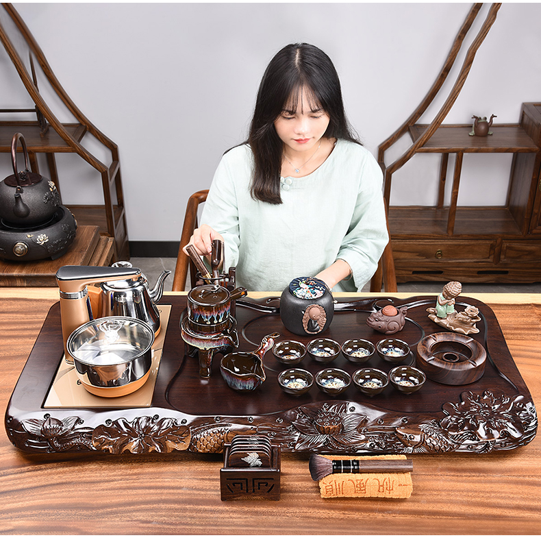 HaoFeng violet arenaceous kung fu tea set suit household contracted ebony wood tea tray of a complete set of tea tea teapot