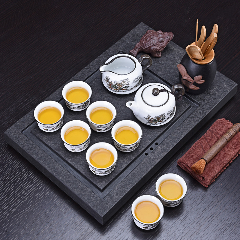 HaoFeng against the hot purple sand tea set automatic kung fu suit household black sharply stone tea tray was solid wood tea tea cups