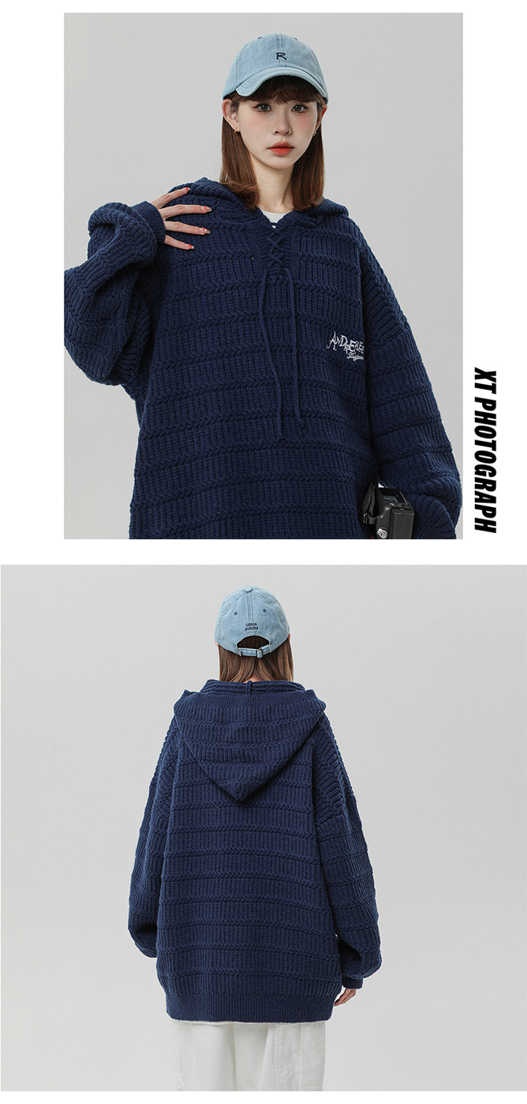 Women's Hooded Sweater Knitted Jumper With Drawstring And Embroidery_voghion.com