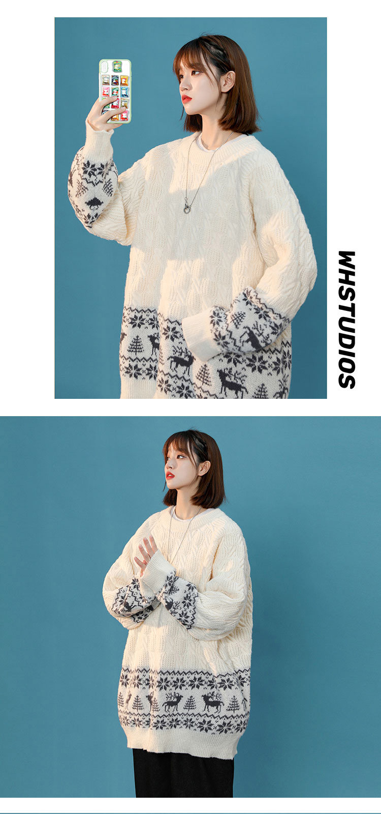 Women's Cartoon Jacquard Knit Sweater Loose Fit Pullover_voghion.com