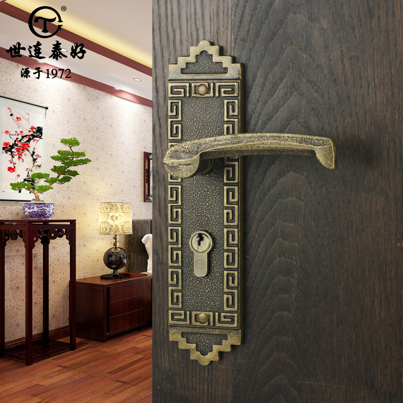 Taiwan Shi Lian Tai good copper lock All copper door lock Indoor bedroom pure copper Chinese antique solid wood door Classical door lock